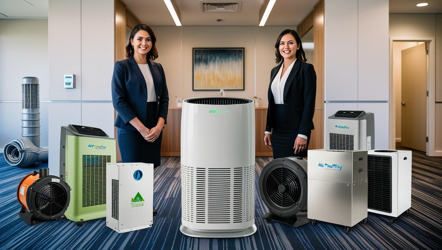 Two professionals standing with various air purifiers to demonstrate the omplexities of Air Quality in a modern office setting Two professionals standing with various air purifiers to demonstrate the omplexities of Air Quality in a modern office setting